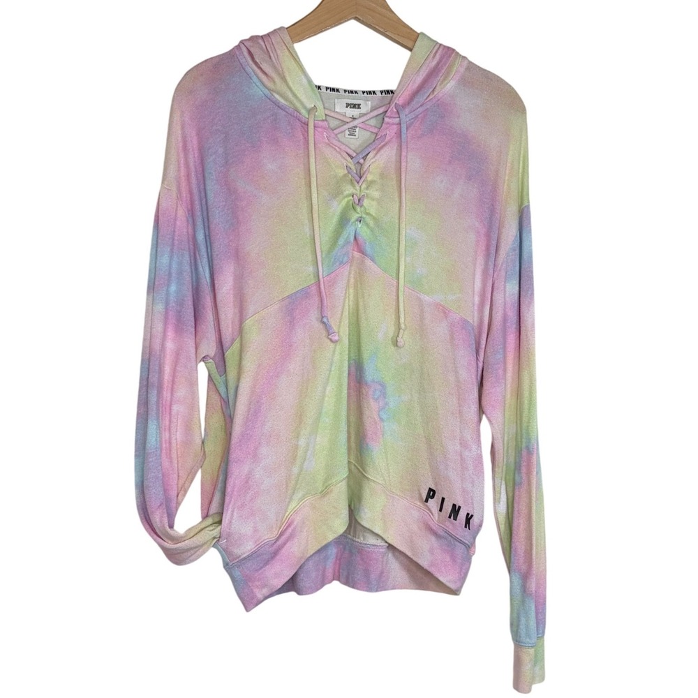PINK Hoodie Sz M Pastel Multicolor Tie Dye Lace Up V-Neck Lightweight Sweatshirt